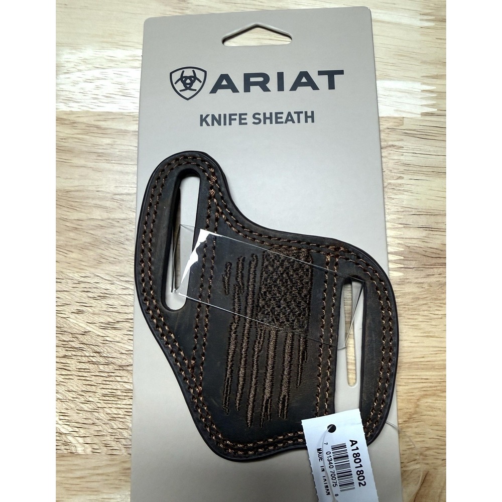 Ariat Brown Leather Belt Loop Knife Sheath Full Coverage Classic Design USA flag